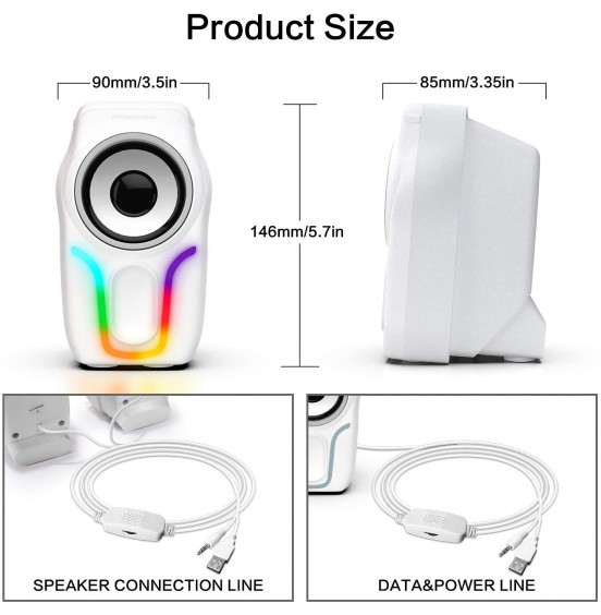 Computer Speakers,2.0 Stereo Volume Control Gaming Speakers with Surround Sound,6 RGB LED Backlit Effect,USB Powered Wired Laptop Speakers with 3.5mm for Desktop Computer/PC/Laptops(White) Computer Speakers,2.0 Stereo Volume Control Gaming Speakers with Surround Sound,6 RGB LED Backlit Effect,USB Powered Wired Laptop Speakers with 3.5mm for Desktop Computer/PC/Laptops(White)