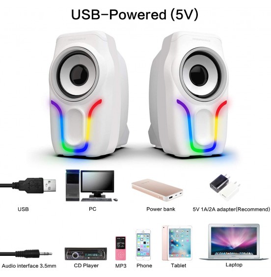 Computer Speakers,2.0 Stereo Volume Control Gaming Speakers with Surround Sound,6 RGB LED Backlit Effect,USB Powered Wired Laptop Speakers with 3.5mm for Desktop Computer/PC/Laptops(White) Computer Speakers,2.0 Stereo Volume Control Gaming Speakers with Surround Sound,6 RGB LED Backlit Effect,USB Powered Wired Laptop Speakers with 3.5mm for Desktop Computer/PC/Laptops(White)