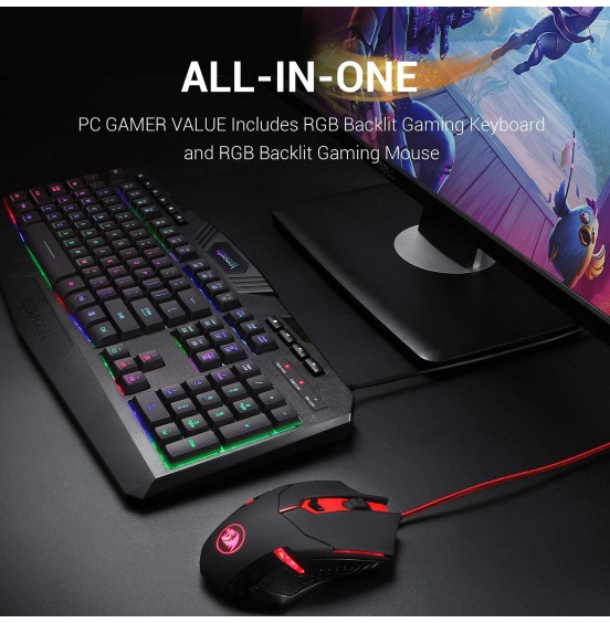 Redragon S101 Wired Gaming Keyboard and Mouse Combo RGB Backlit Gaming Keyboard with Multimedia Keys Wrist Rest and Red Backlit Gaming Mouse 3200 DPI for Windows PC Gamers (Black) Redragon S101 Wired Gaming Keyboard and Mouse Combo RGB Backlit Gaming Keyboard with Multimedia Keys Wrist Rest and Red Backlit Gaming Mouse 3200 DPI for Windows PC Gamers (Black)